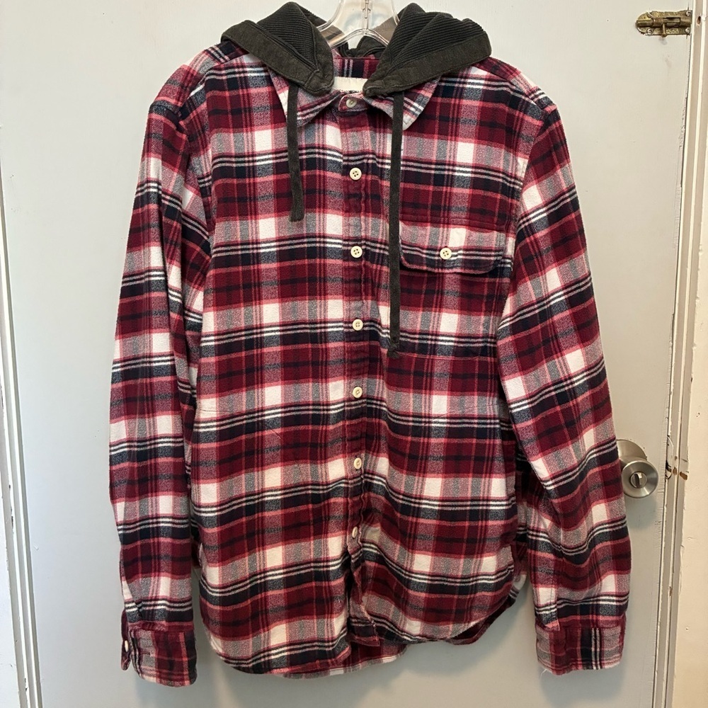 AMERICAN EAGLE Men’s Hooded Flannel Red Long Sleeve Button Down size Large